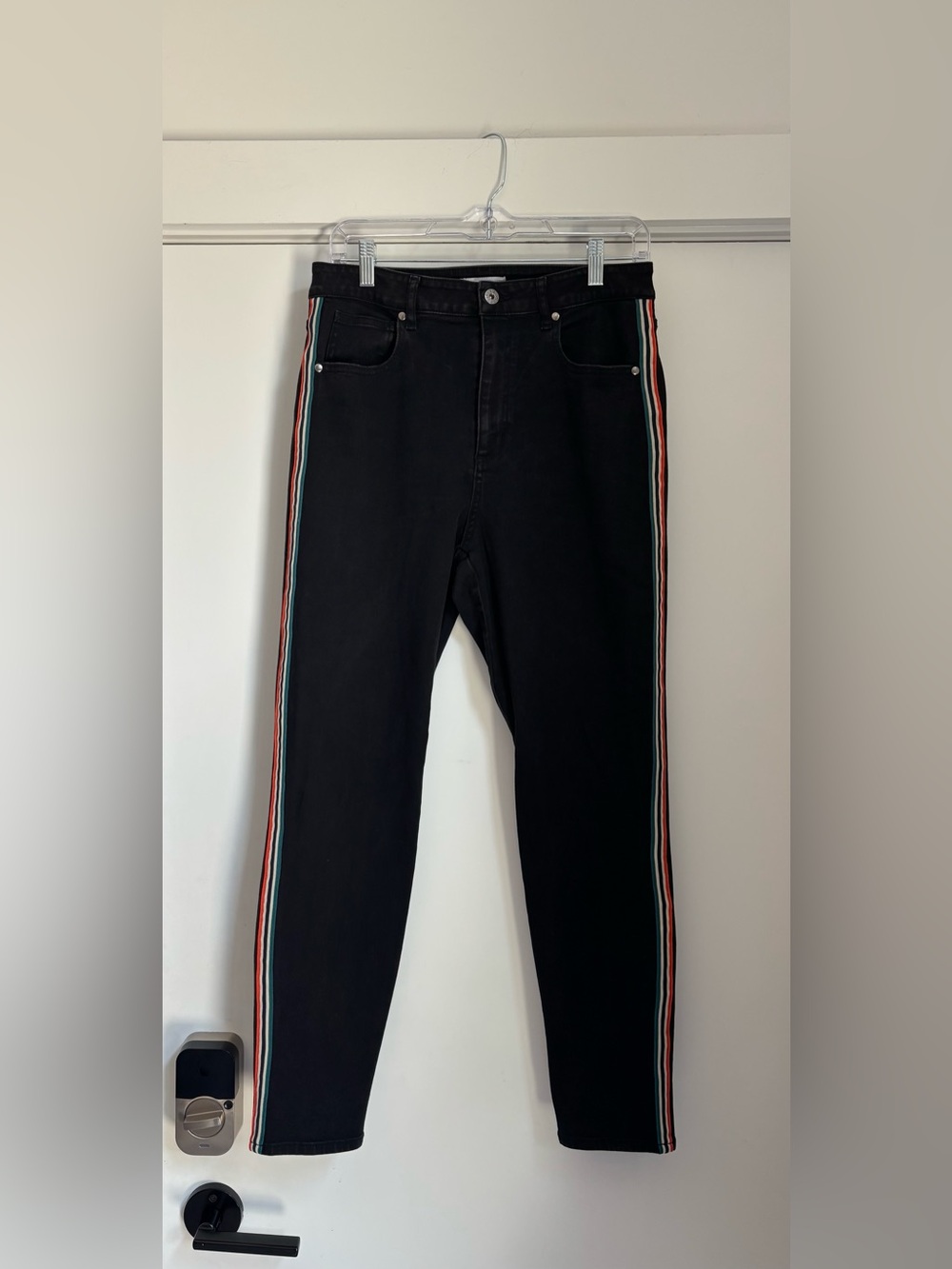BB Dakota Women's Black Skinny Jeans with Red, White & Teal Side Stripes size 30
